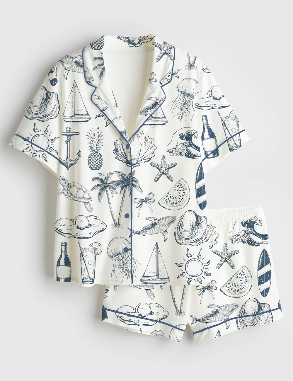 Womenâ€™s Vintage Coastal Nautical Hand Drawn Sea Life Retro Summer Beach Print Short Sleeve Satin Pajama Set