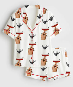 Women's Vintage Cocktail Surrealism Print Short Sleeve Satin Pajama Set