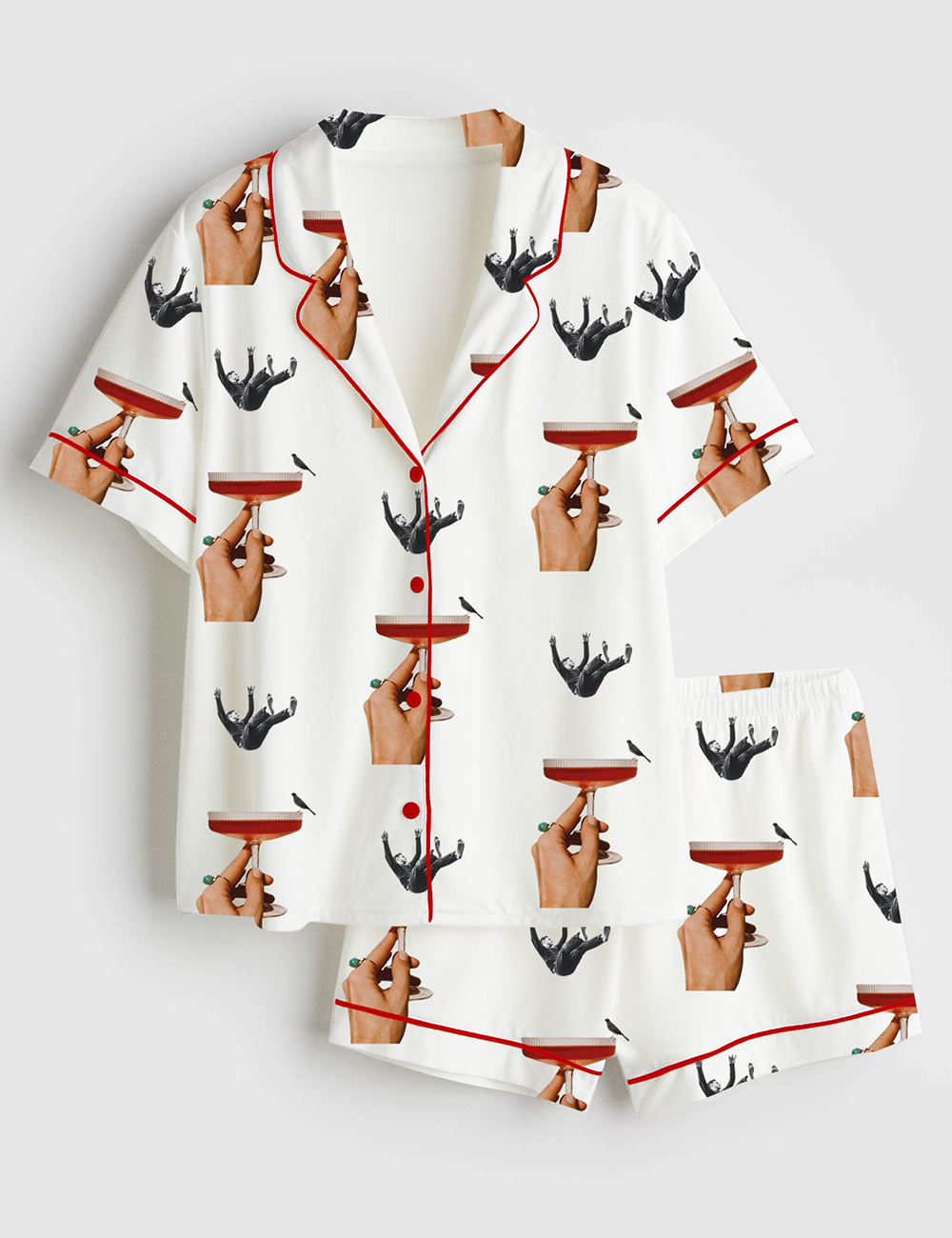 Womenâ€™s Vintage Cocktail Surrealism Print Short Sleeve Satin Pajama Set