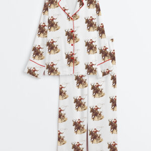 Womenâ€™s Vintage Cowboy Santa Western Roping Christmas Long Sleeve Satin Pajama Set
