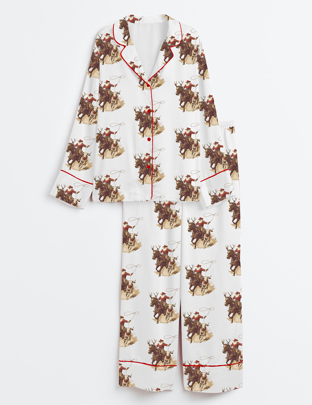 Womenâ€™s Vintage Cowboy Santa Western Roping Christmas Long Sleeve Satin Pajama Set