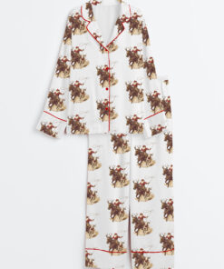 Women's Vintage Cowboy Santa Western Roping Christmas Long Sleeve Satin Pajamas Set