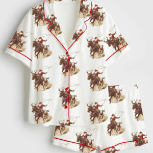 Women's Vintage Cowboy Santa Western Roping Christmas Short Sleeve Satin Pajama Set