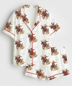 Women's Vintage Cowboy Santa Western Roping Christmas Short Sleeve Satin Pajama Set