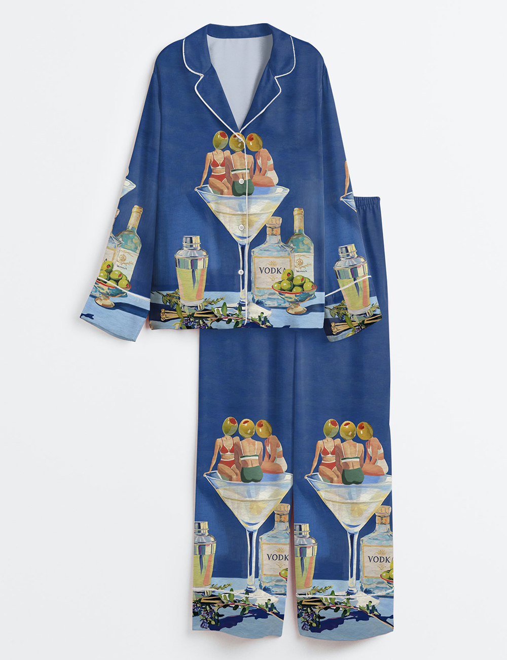 Womenâ€™s Vintage Dirty Martini Bar Retro Cocktail Print Long Sleeve Satin Pajama Set