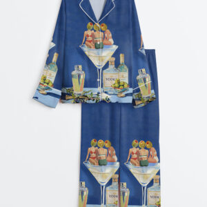 Women's Vintage Dirty Martini Bar Retro Cocktail Print Long Sleeve Satin Pajamas Set