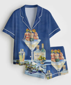 Women's Vintage Dirty Martini Bar Retro Cocktail Print Short Sleeve Satin Pajamas Set