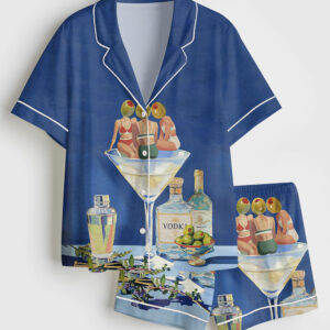 Women's Vintage Dirty Martini Bar Retro Cocktail Print Short Sleeve Satin Pajamas Set