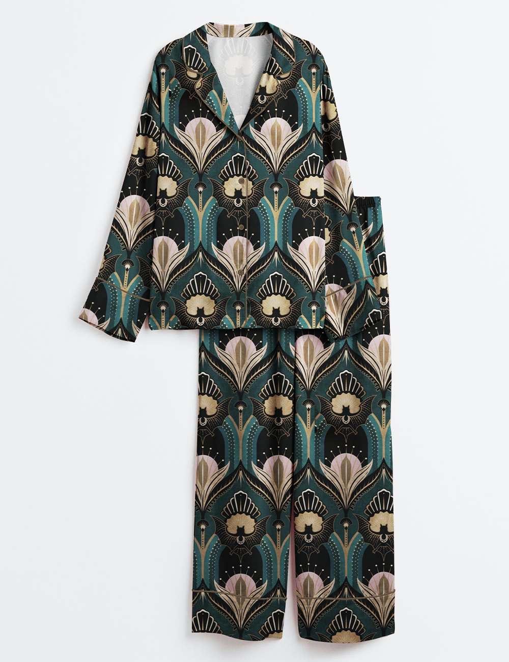 Womenâ€™s Vintage Elegant Art Deco Bats And Flowers Teal Fan Print Long Sleeve Satin Pajama Set