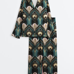 Women's Vintage Elegant Art Deco Bats And Flowers Teal Fan Print Long Sleeve Satin Pajama Set