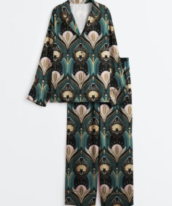 Women's Vintage Elegant Art Deco Bats And Flowers Teal Fan Print Long Sleeve Satin Pajamas Set