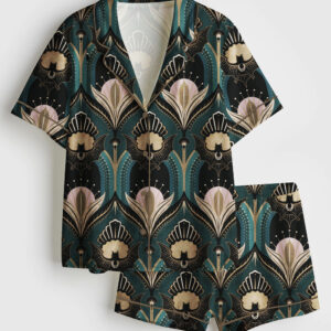 Women's Vintage Elegant Art Deco Bats And Flowers Teal Fan Print Short Sleeve Satin Pajama Set