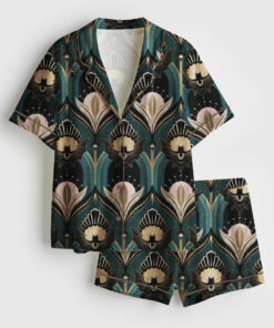 Women's Vintage Elegant Art Deco Bats And Flowers Teal Fan Print Short Sleeve Satin Pajama Set