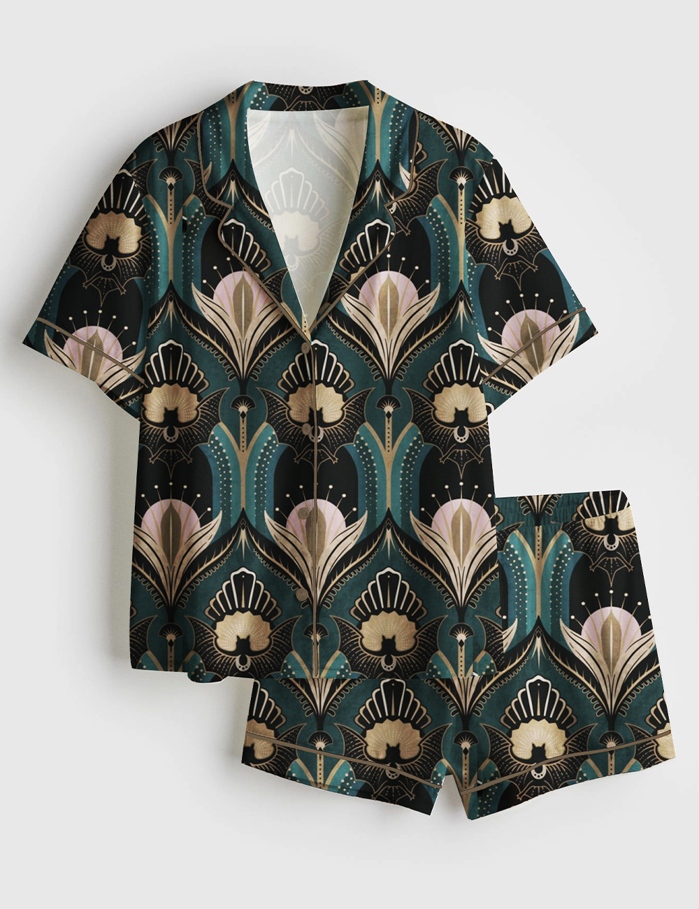 Womenâ€™s Vintage Elegant Art Deco Bats And Flowers Teal Fan Print Short Sleeve Satin Pajama Set
