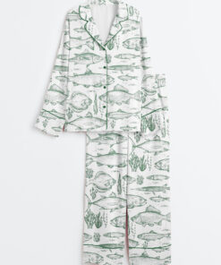 Women's Vintage Fish Tattoo Style Bass Lovers Ocean Fisher Print Long Sleeve Satin Pajama Set