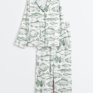 Women's Vintage Fish Tattoo Style Bass Lovers Ocean Fisher Print Long Sleeve Satin Pajamas Set