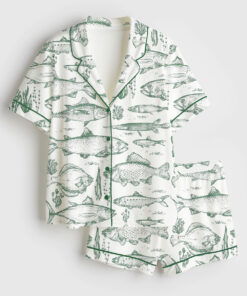 Women's Vintage Fish Tattoo Style Bass Lovers Ocean Fisher Print Short Sleeve Satin Pajama Set