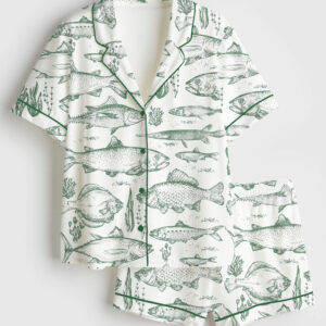 Womenâ€™s Vintage Fish Tattoo Style Bass Lovers Ocean Fisher Print Short Sleeve Satin Pajama Set