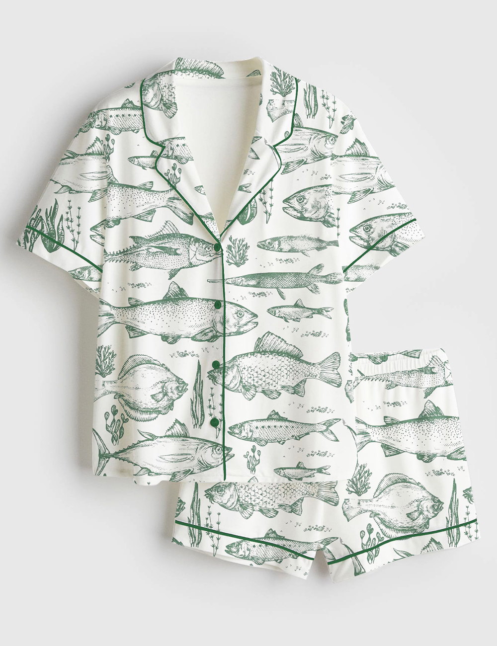 Womenâ€™s Vintage Fish Tattoo Style Bass Lovers Ocean Fisher Print Short Sleeve Satin Pajama Set