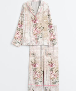 Women's Vintage Floral Pink Rose Print Long Sleeve Satin Pajama Set