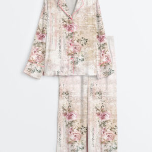 Womenâ€™s Vintage Floral Pink Rose Print Long Sleeve Satin Pajama Set