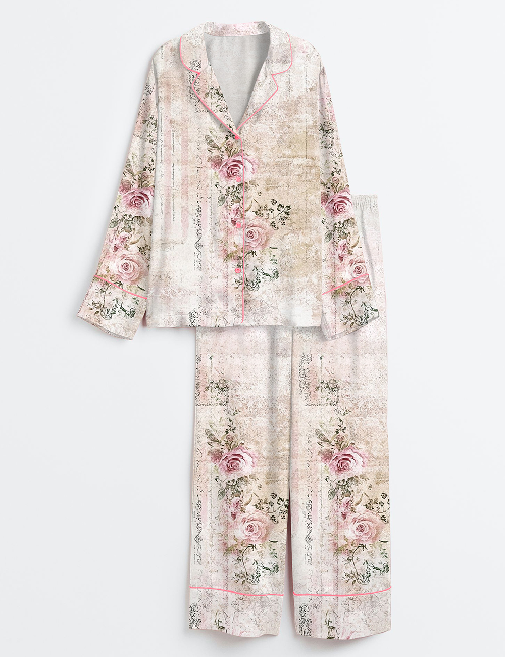 Womenâ€™s Vintage Floral Pink Rose Print Long Sleeve Satin Pajama Set