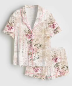Women's Vintage Floral Pink Rose Print Short Sleeve Satin Pajama Set