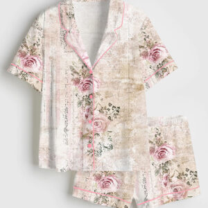 Womenâ€™s Vintage Floral Pink Rose Print Short Sleeve Satin Pajama Set