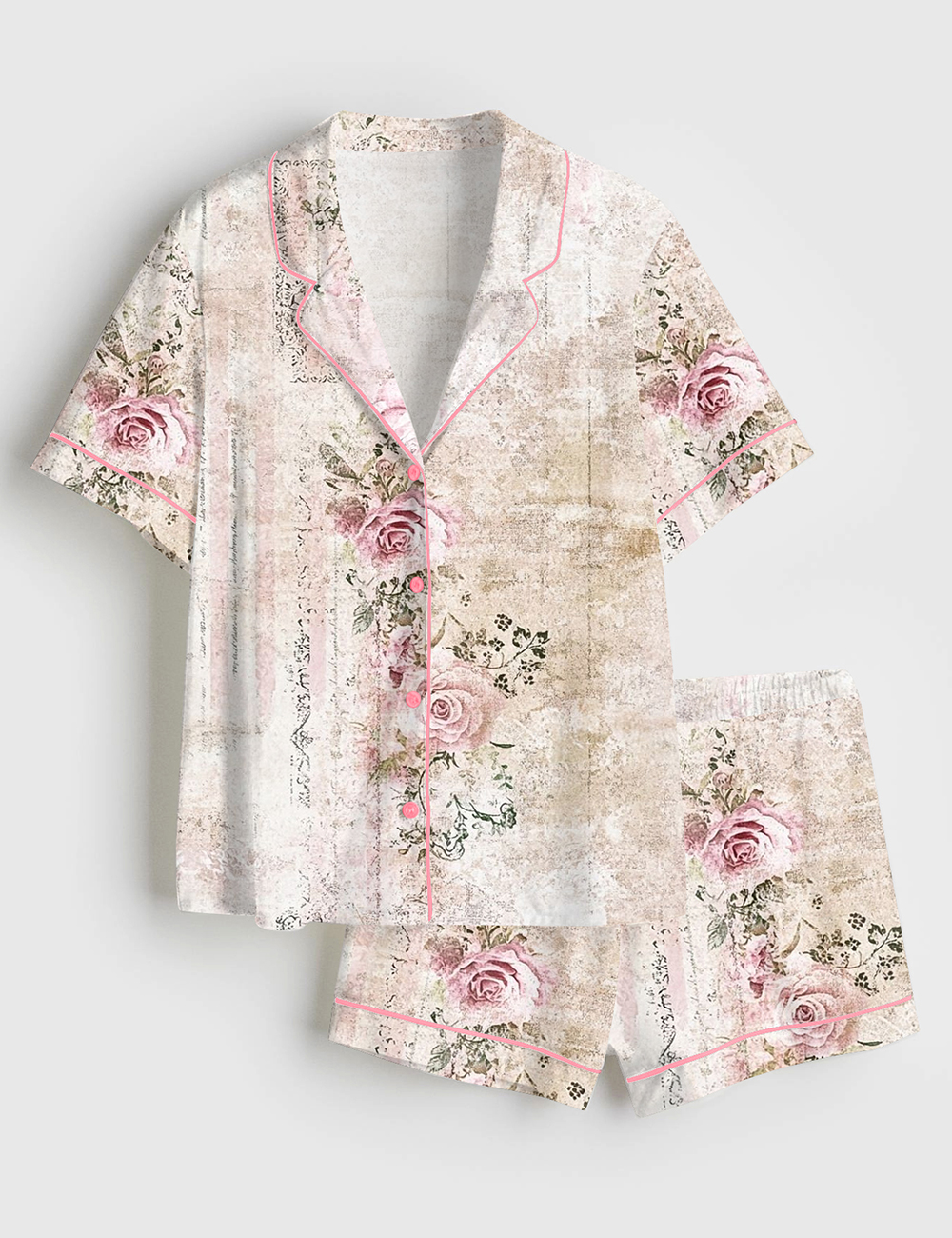 Womenâ€™s Vintage Floral Pink Rose Print Short Sleeve Satin Pajama Set