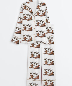 Women's Vintage Gingerbread Men Dirty Martini Cocktail Christmas Long Sleeve Satin Pajama Set