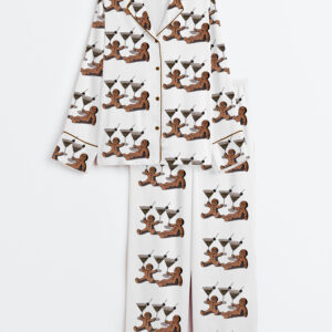Women's Vintage Gingerbread Men Dirty Martini Cocktail Christmas Long Sleeve Satin Pajamas Set