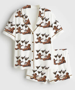Women's Vintage Gingerbread Men Dirty Martini Cocktail Christmas Short Sleeve Satin Pajama Set