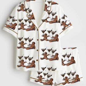 Womenâ€™s Vintage Gingerbread Men Dirty Martini Cocktail Christmas Short Sleeve Satin Pajama Set