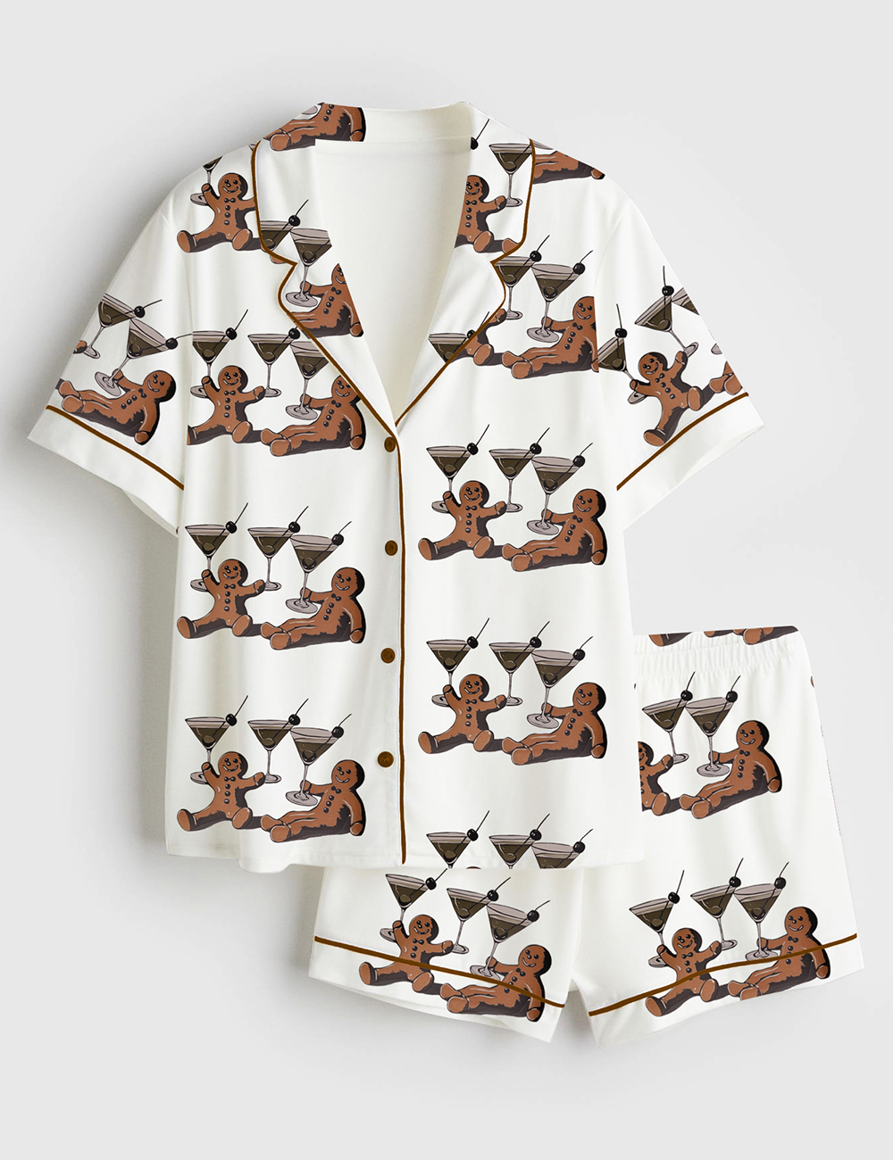 Women’s Vintage Gingerbread Men Dirty Martini Cocktail Christmas Short Sleeve Satin Pajama Set