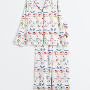 Womenâ€™s Vintage Goose Blue Ribon Trendy Cute Goose Print Long Sleeve Satin Pajama Set