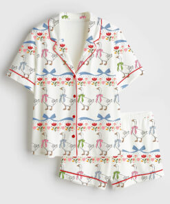 Women's Vintage Goose Blue Ribon Trendy Cute Goose Print Short Sleeve Satin Pajama Set