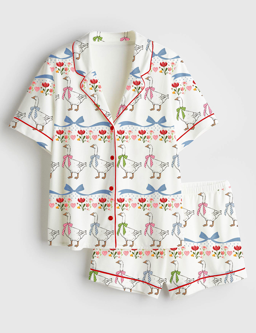 Womenâ€™s Vintage Goose Blue Ribon Trendy Cute Goose Print Short Sleeve Satin Pajama Set