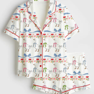 Women's Vintage Goose Blue Ribon Trendy Cute Goose Print Short Sleeve Satin Pajama Set