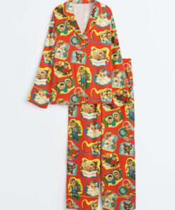Women's Vintage Kitsch Christmas Retro Holiday Long Sleeve Satin Pajamas Set
