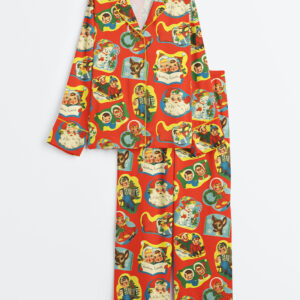 Women's Vintage Kitsch Christmas Retro Holiday Long Sleeve Satin Pajamas Set