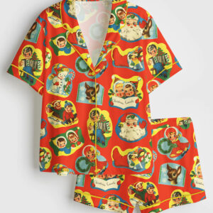 Women's Vintage Kitsch Christmas Retro Holiday Short Sleeve Satin Pajama Set