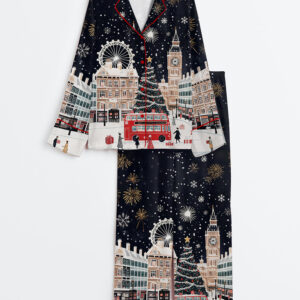 Women's Vintage London At Christmas London Holiday Travel Long Sleeve Satin Pajama Set