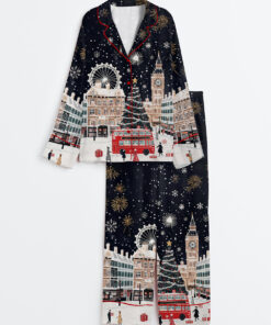 Women's Vintage London At Christmas London Holiday Travel Long Sleeve Satin Pajamas Set