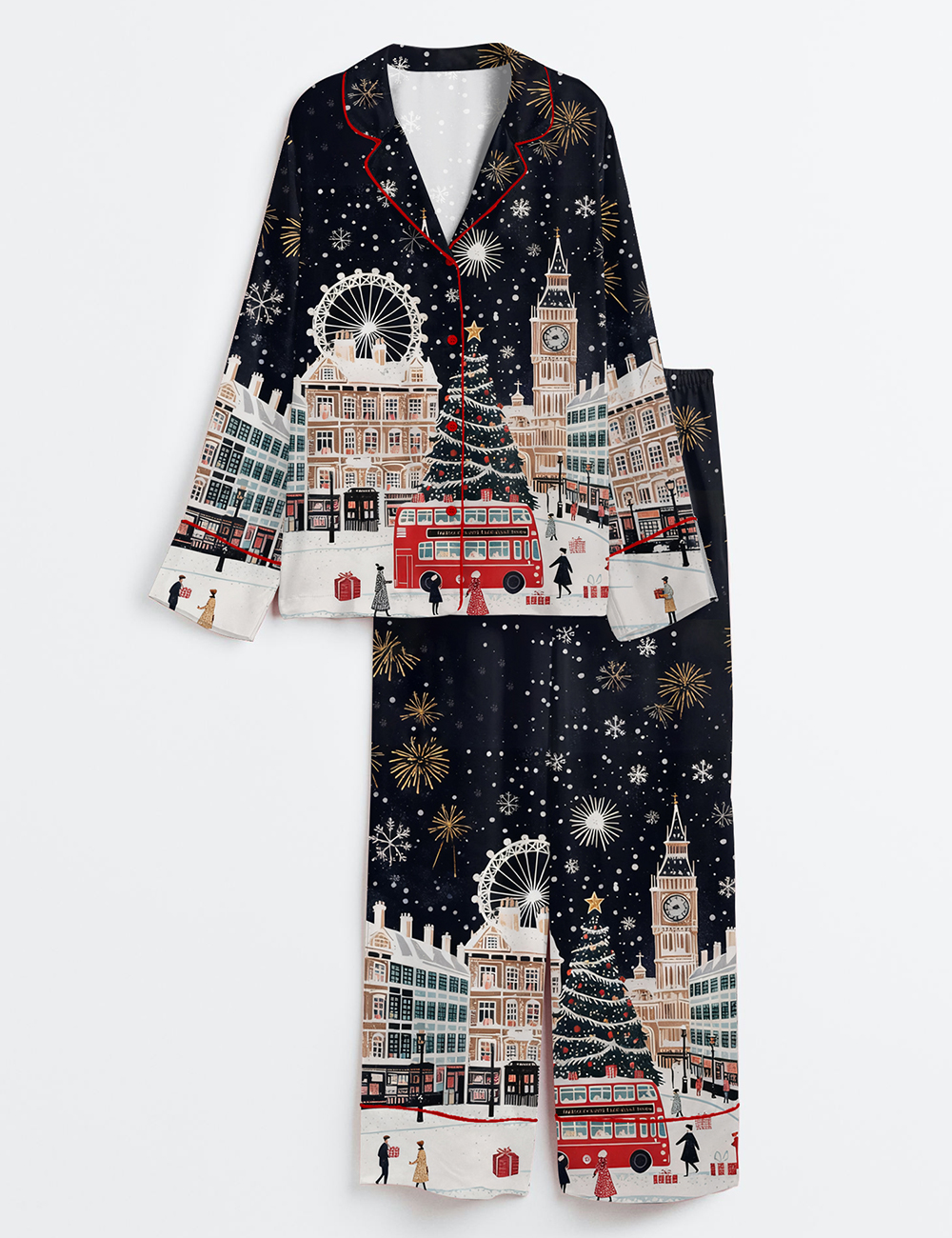 Women's Vintage London At Christmas London Holiday Travel Long Sleeve Satin Pajamas Set