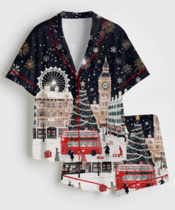 Women's Vintage London At Christmas London Holiday Travel Short Sleeve Satin Pajama Set