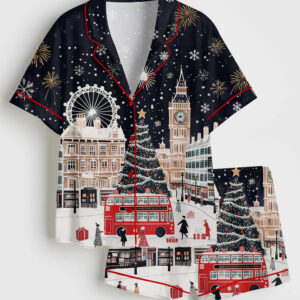 Womenâ€™s Vintage London At Christmas London Holiday Travel Short Sleeve Satin Pajama Set