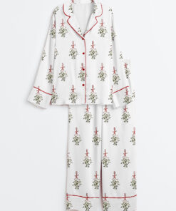 Women's Vintage Mistletoe Christmas Long Sleeve Satin Pajama Set
