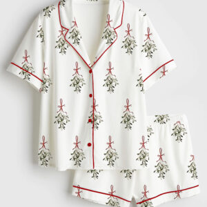 Women's Vintage Mistletoe Christmas Short Sleeve Satin Pajama Set