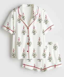Women's Vintage Mistletoe Christmas Short Sleeve Satin Pajama Set