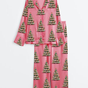 Women's Vintage Pink Christmas Tree Coquette Xmas Long Sleeve Satin Pajama Set